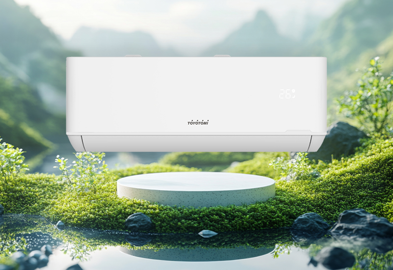 Toyotomi SORA flotando en un bosque para mostrar aires acondicionados sostenibles.