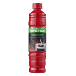 Red plastic bottle with Toyotomi branding, designed for safe and fast stove refilling.