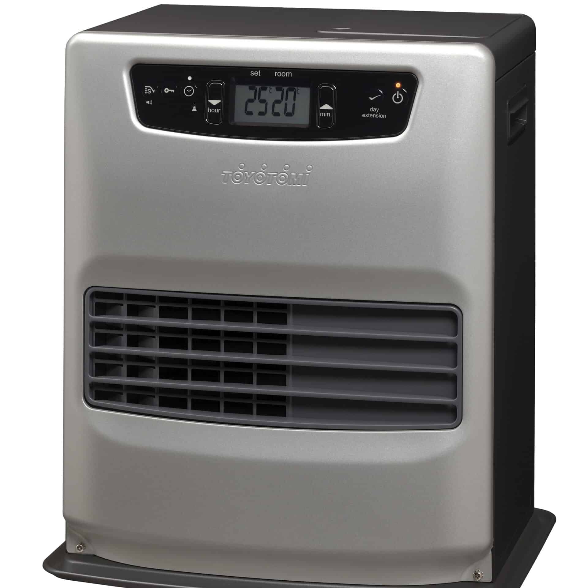 Electric heater with digital display and safety features for home or office use.