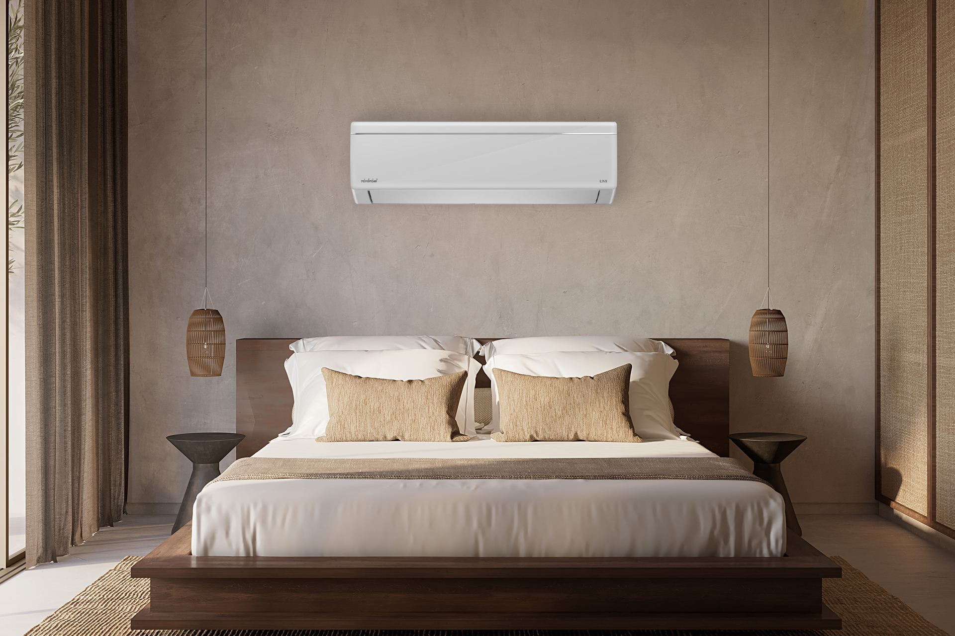 Toyotomi UMI air conditioner mounted above a bed in a modern bedroom.