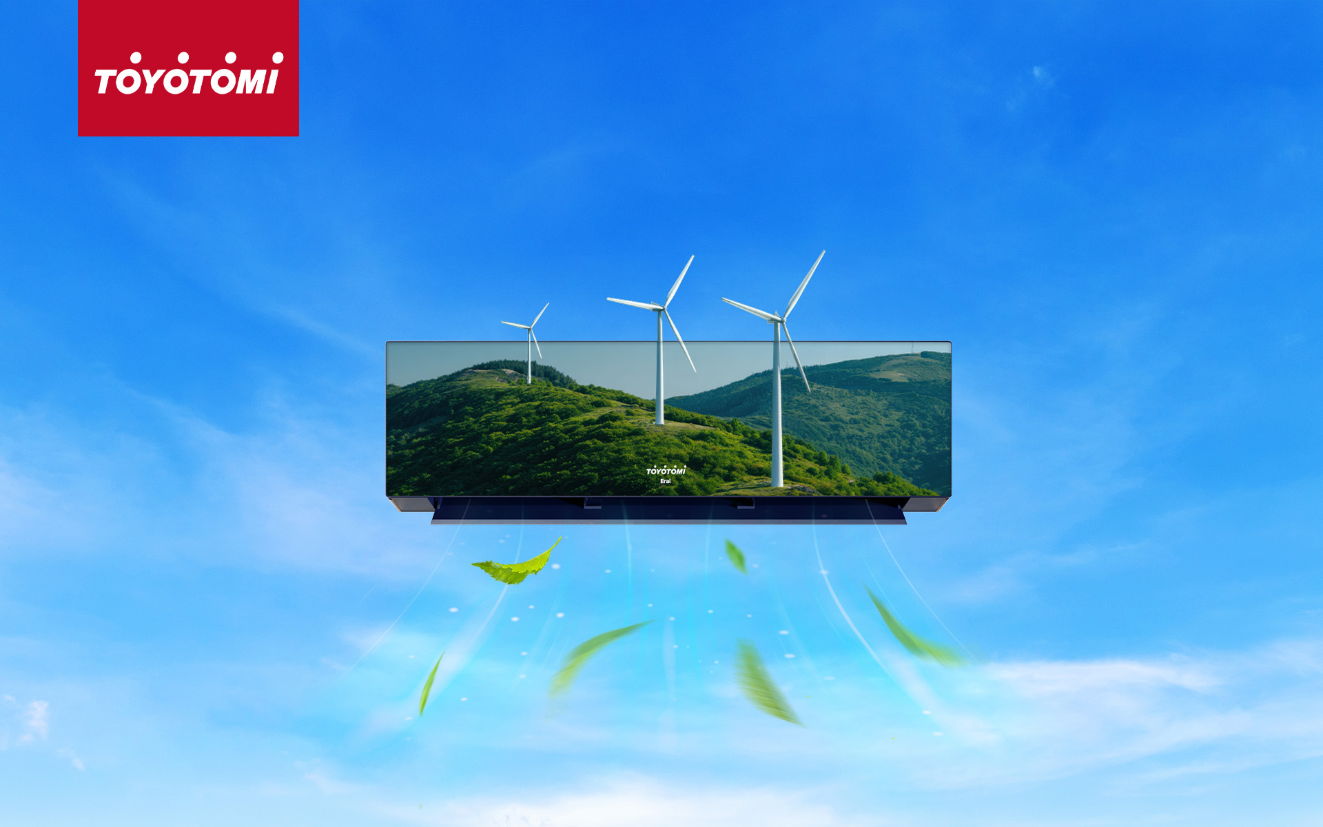 Toyotomi ERAI eco friendly air conditioner showcase with a forest and windmills displayed on the Toyotomi ERAI front cover.