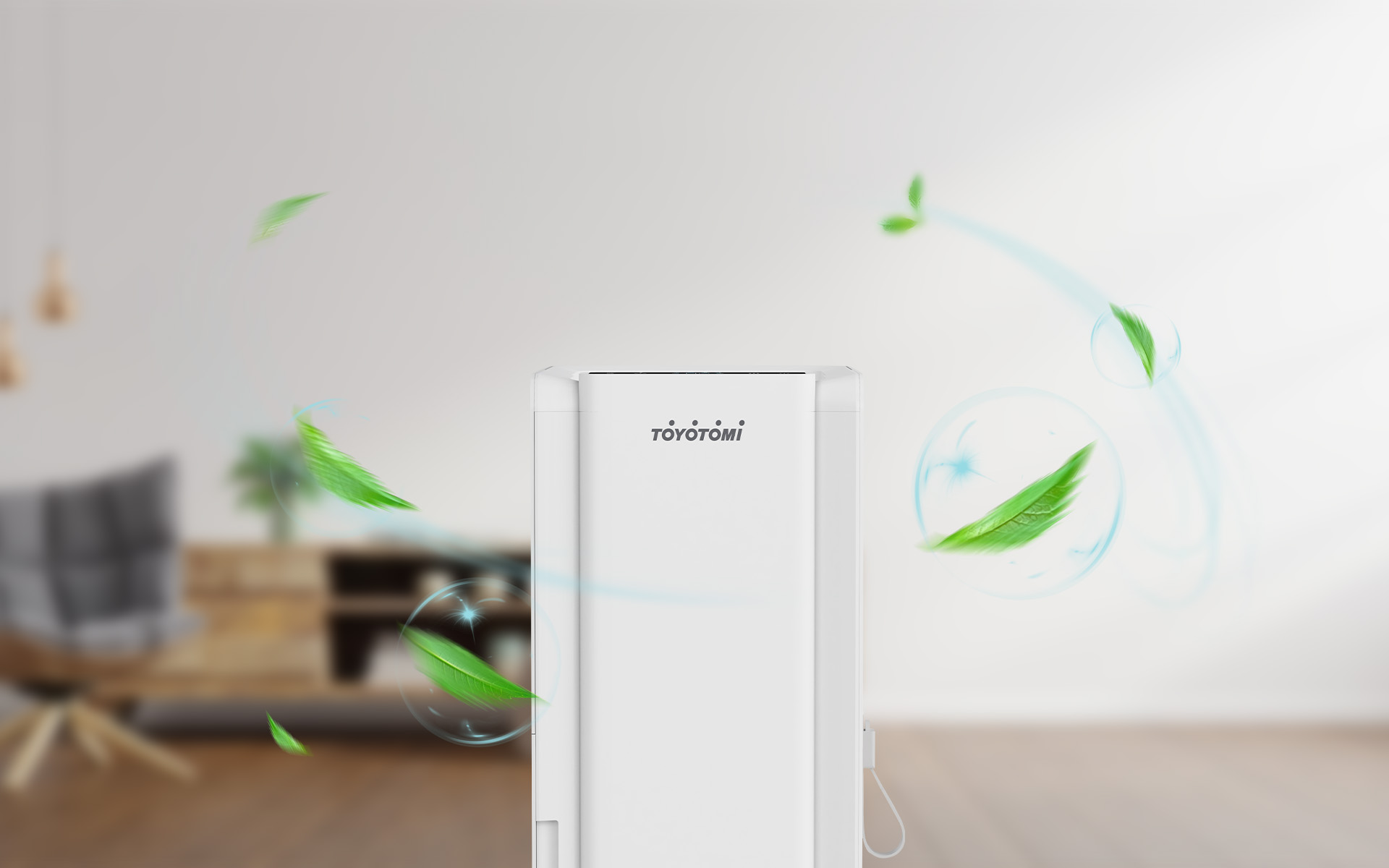 Toyotomi Europe new range of air treatment with leaves surrounding it showcasing eco friendliness.