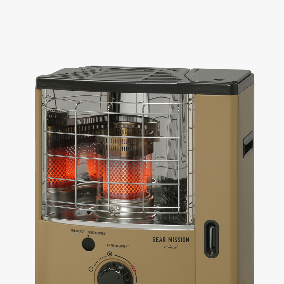 Imagem do aquecedor a gás Toyotomi com queimadores duplos, manómetro de segurança e configurações ajustáveis, ideal para aquecimento doméstico eficiente.