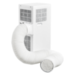 Compact white portable AC with flexible exhaust hose for effective indoor climate control.