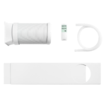 Compact air conditioning system with remote, flexible hose, and mounting kit for home use.