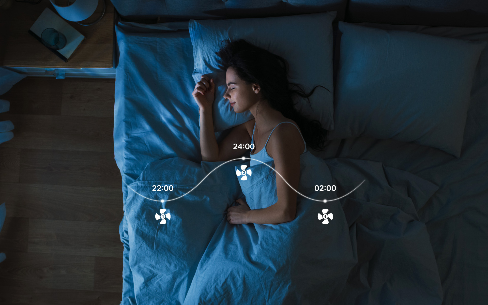 Portrait of woman sleeping peacefully in bed with smart temperature control overlay showing night hours.