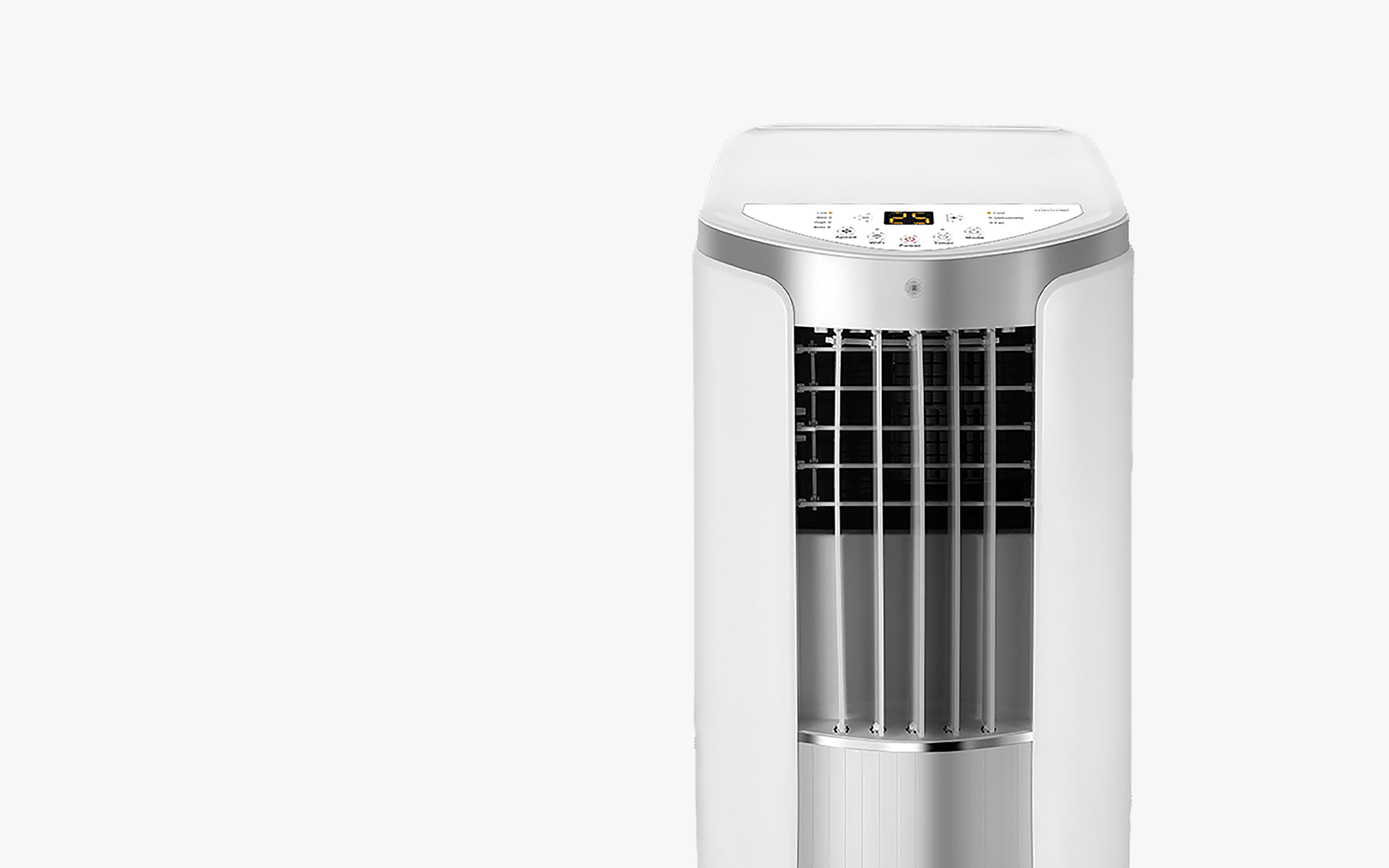 Modern, white portable AC unit with adjustable vents and digital controls for efficient cooling.