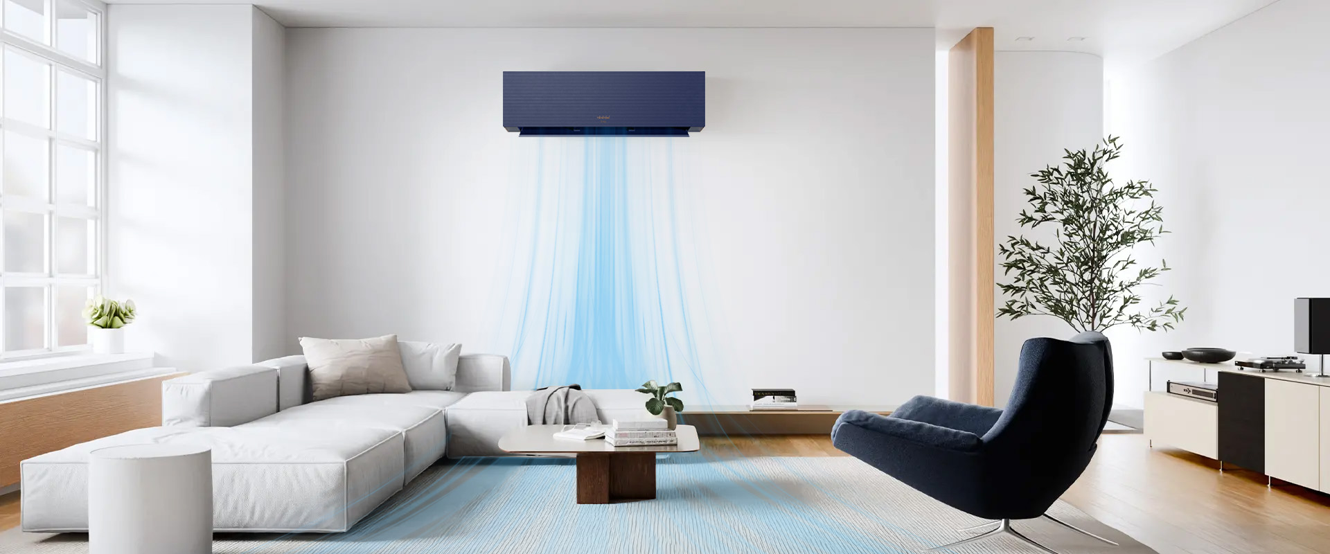Modern wall-mounted air conditioning unit in a bright living room.