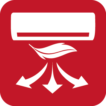 Air conditioning unit with airflow arrows symbolizing cooling and air circulation.
