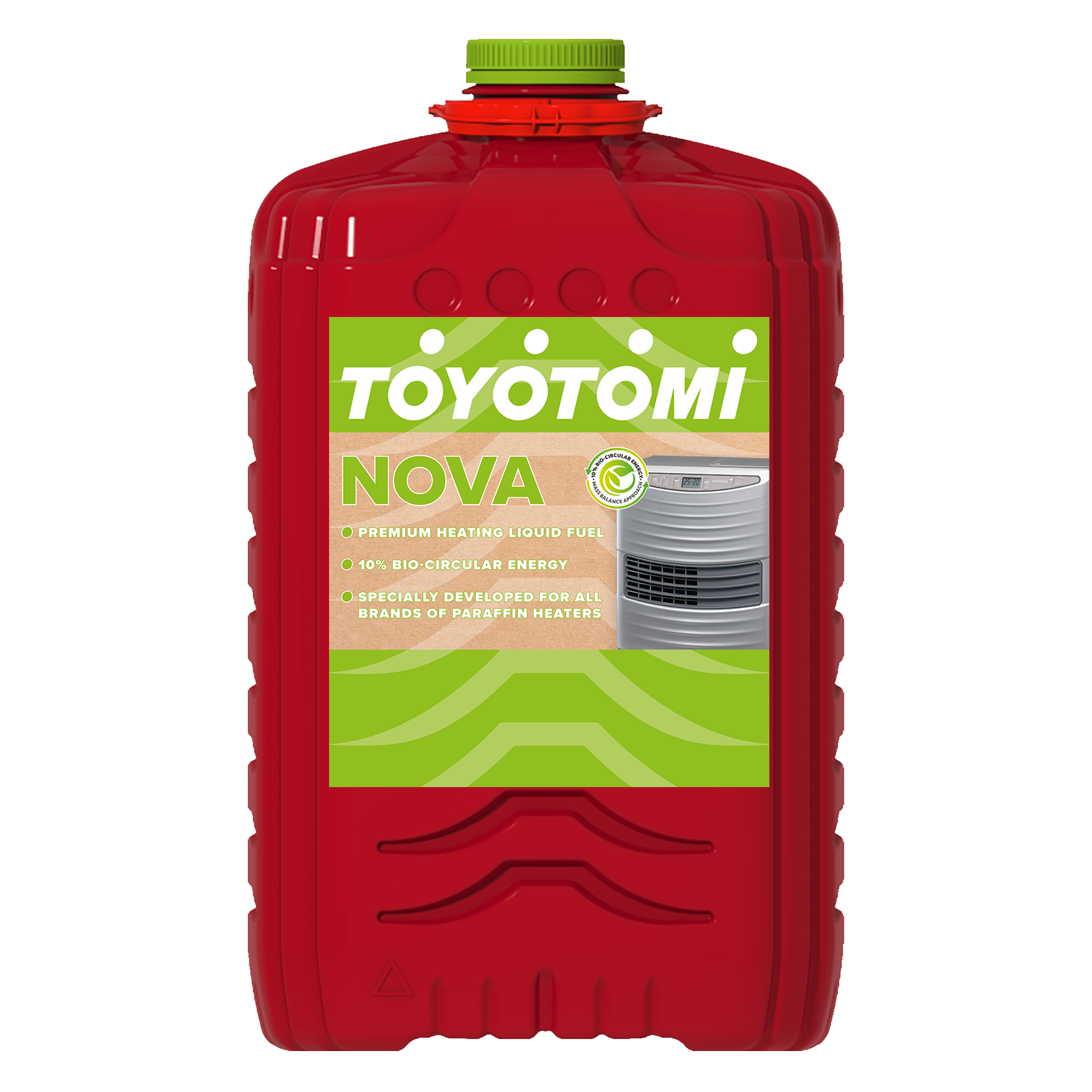 Red Toyotomi Nova liquid fuel container for heating systems.