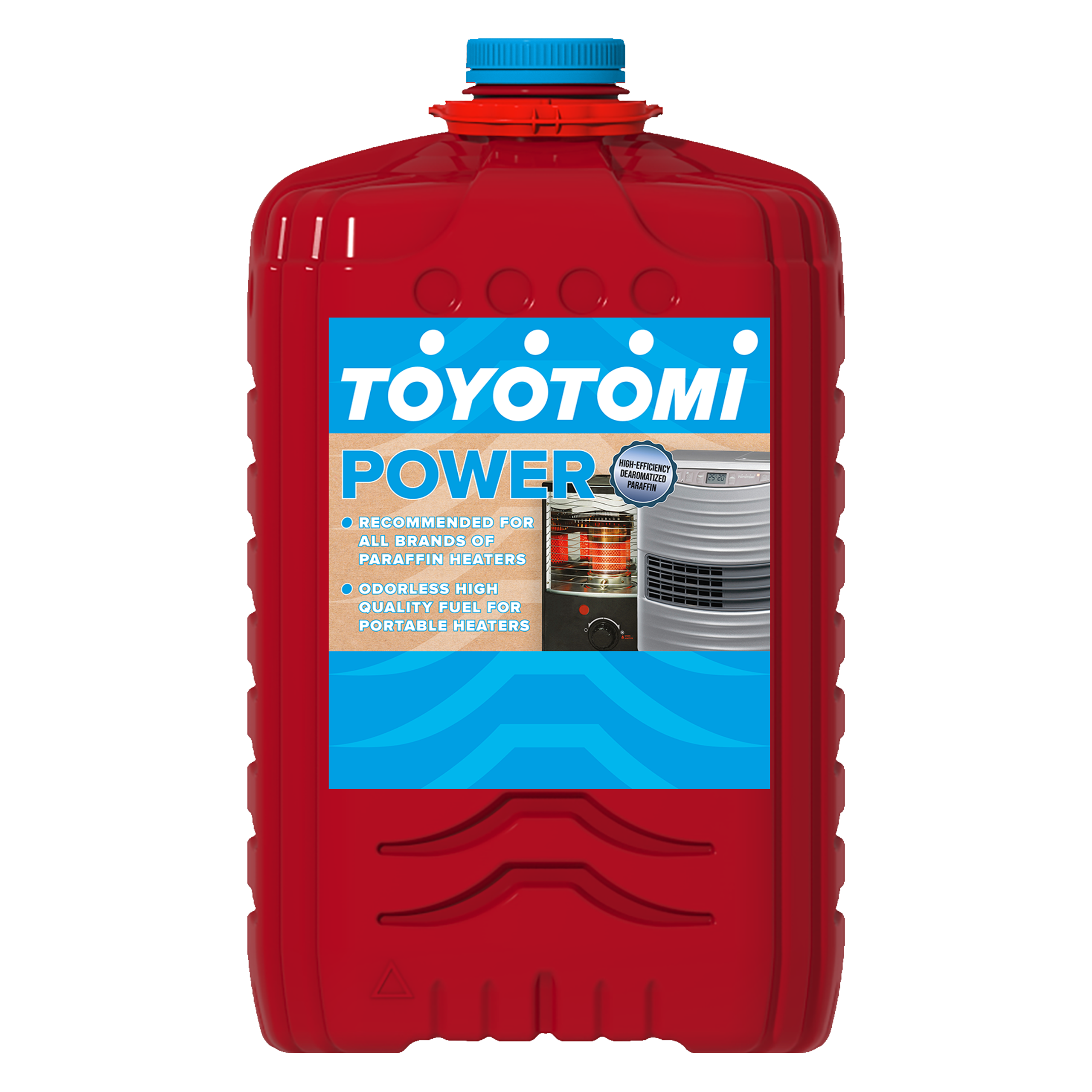 Red Toyotomi fuel container for portable heaters with label.