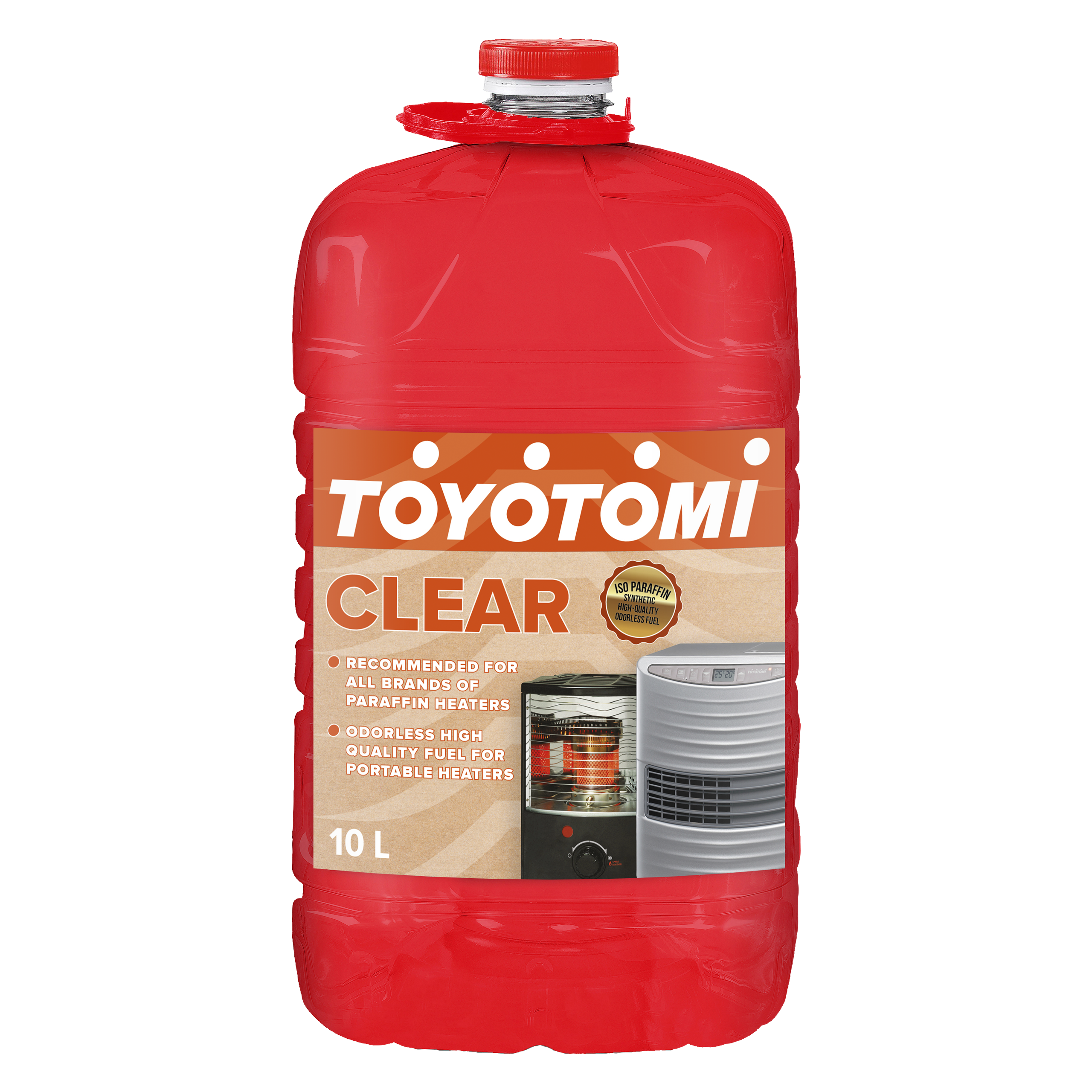 Red 10L fuel bottle for portable heaters and appliances.