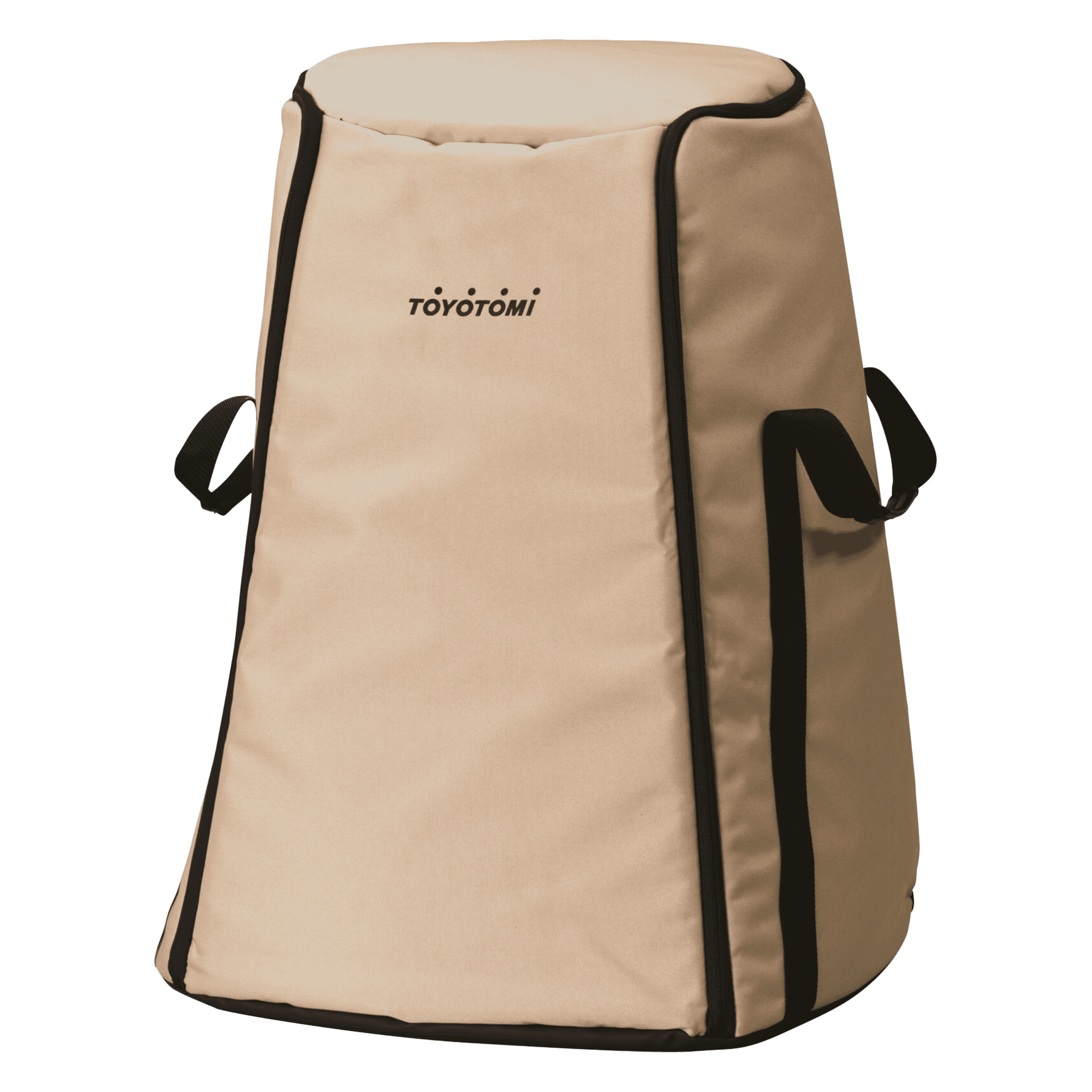 Beige portable heater bag with black trim and handles for easy transport.