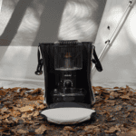 Portable outdoor heater with backpack for camping or hiking.