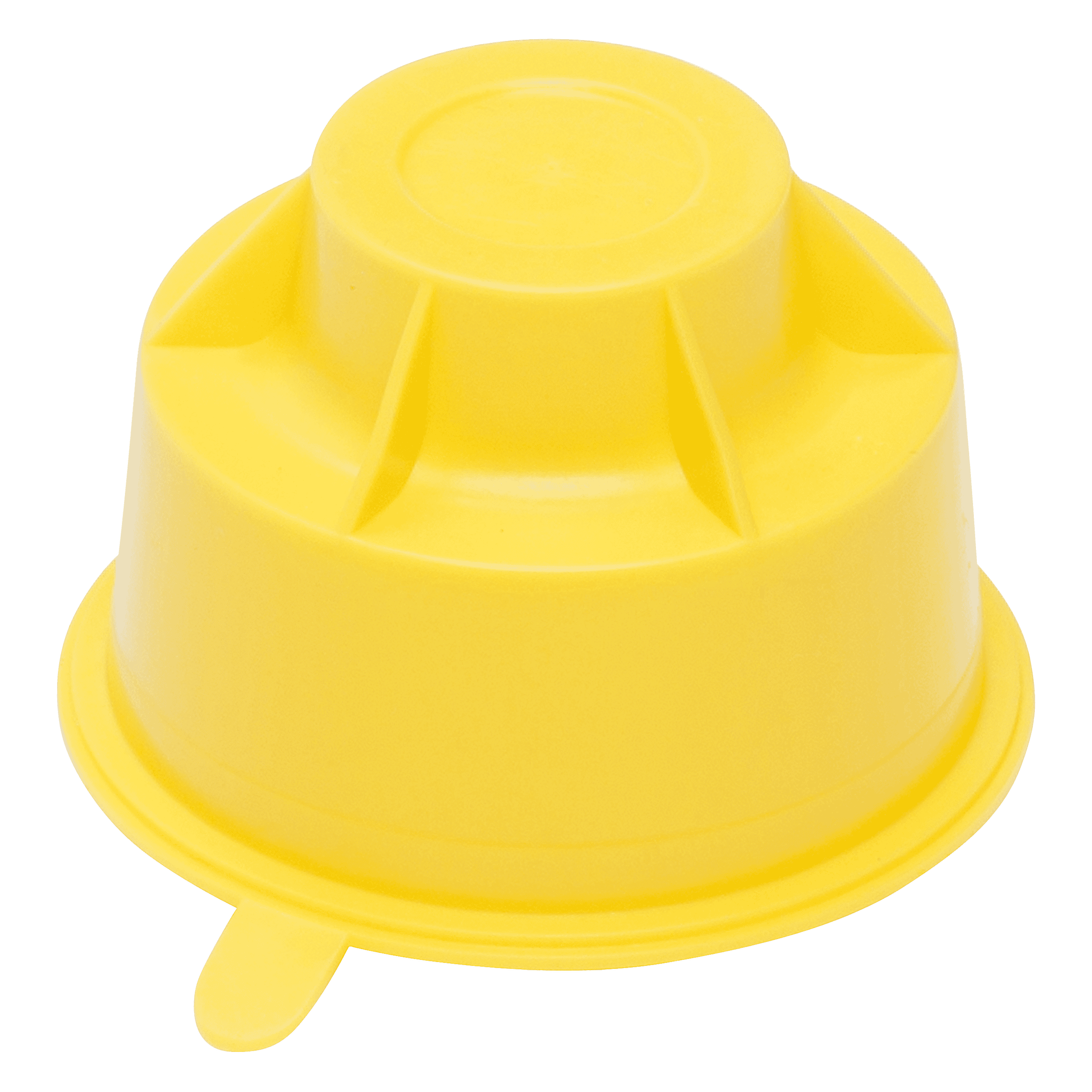 Yellow plastic cap used for sealing or covering containers or equipment.
