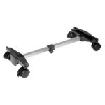 Image shows a black and silver sliding door roller with wheels and adjustable height.