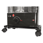 Portable heater with adjustable thermostat and safety features for indoor use.